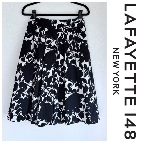 VGUC Lafayette 148 Cotton Floral Print A-Line Pleat Skirt in Black & White Sz 6 - Picture 1 of 9